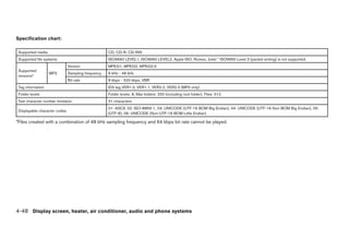 Specification chart:

 Supported media                                    CD, CD-R, CD-RW
 Supported file systems                             ISO9660 LEVEL1, ISO9660 LEVEL2, Apple ISO, Romeo, Joliet * ISO9660 Level 3 (packet writing) is not supported.
                               Version              MPEG1, MPEG2, MPEG2.5
 Supported
                   MP3         Sampling frequency   8 kHz - 48 kHz
 versions*
                               Bit rate             8 kbps - 320 kbps, VBR
 Tag information                                    ID3 tag VER1.0, VER1.1, VER2.2, VER2.3 (MP3 only)
 Folder levels                                      Folder levels: 8, Max folders: 255 (including root folder), Files: 512
 Text character number limitation                   31 characters
                                                    01: ASCII, 02: ISO-8859-1, 03: UNICODE (UTF-16 BOM Big Endian), 04: UNICODE (UTF-16 Non-BOM Big Endian), 05:
 Displayable character codes
                                                    (UTF-8), 06: UNICODE (Non-UTF-16 BOM Little Endian)

*Files created with a combination of 48 kHz sampling frequency and 64 kbps bit rate cannot be played.




4-48 Display screen, heater, air conditioner, audio and phone systems




                                                                                                 ੬ REVIEW COPY—2008 Quest (van)
                                                                                                 Owners Manual—USA_English (nna)
                                                                                                 06/29/07—debbie ੭
 