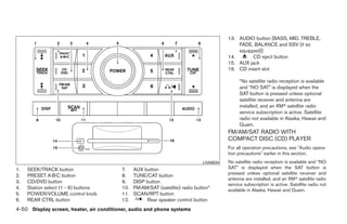 13. AUDIO button [BASS, MID, TREBLE,
                                                                                            FADE, BALANCE and SSV (if so
                                                                                            equipped)]
                                                                                        14.       CD eject button
                                                                                        15. AUX jack
                                                                                        16. CD insert slot

                                                                                             *No satellite radio reception is available
                                                                                             and “NO SAT” is displayed when the
                                                                                             SAT button is pressed unless optional
                                                                                             satellite receiver and antenna are
                                                                                             installed, and an XMா satellite radio
                                                                                             service subscription is active. Satellite
                                                                                             radio not available in Alaska, Hawaii and
                                                                                             Guam.
                                                                                        FM/AM/SAT RADIO WITH
                                                                                        COMPACT DISC (CD) PLAYER
                                                                                        For all operation precautions, see ЉAudio opera-
                                                                                        tion precautionsЉ earlier in this section.
                                                                              LHA0634   No satellite radio reception is available and “NO
1.   SEEK/TRACK button                   7.    AUX button                               SAT” is displayed when the SAT button is
                                                                                        pressed unless optional satellite receiver and
2.   PRESET A·B·C button                 8.    TUNE/CAT button
                                                                                        antenna are installed, and an XMா satellite radio
3.   CD/DVD button                       9.    DISP button
                                                                                        service subscription is active. Satellite radio not
4.   Station select (1 - 6) buttons      10.   FM·AM/SAT (satellite) radio button*      available in Alaska, Hawaii and Guam.
5.   POWER/VOLUME control knob           11.   SCAN/RPT button
6.   REAR CTRL button                    12.        Rear speaker control button
4-50 Display screen, heater, air conditioner, audio and phone systems




                                                                    ੬ REVIEW COPY—2008 Quest (van)
                                                                    Owners Manual—USA_English (nna)
                                                                    06/29/07—debbie ੭
 