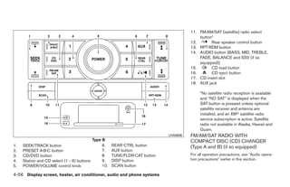 11. FM·AM/SAT (satellite) radio select
                                                                                             button*
                                                                                         12.       Rear speaker control button
                                                                                         13. RPT·RDM button
                                                                                         14. AUDIO button [BASS, MID, TREBLE,
                                                                                             FADE, BALANCE and SSV (if so
                                                                                             equipped)]
                                                                                         15.       CD load button
                                                                                         16.       CD eject button
                                                                                         17. CD insert slot
                                                                                         18. AUX jack

                                                                                              *No satellite radio reception is available
                                                                                              and “NO SAT” is displayed when the
                                                                                              SAT button is pressed unless optional
                                                                                              satellite receiver and antenna are
                                                                                              installed, and an XMா satellite radio
                                                                                              service subscription is active. Satellite
                                                                                              radio not available in Alaska, Hawaii and
                                                                                              Guam.
                                                                               LHA0636   FM/AM/SAT RADIO WITH
                                             Type B                                      COMPACT DISC (CD) CHANGER
1.   SEEK/TRACK button                           6.    REAR CTRL button                  (Type A and B) (if so equipped)
2.   PRESET A·B·C button                         7.    AUX button
3.   CD/DVD button                               8.    TUNE/FLDR·CAT button              For all operation precautions, see ЉAudio opera-
4.   Station and CD select (1 - 6) buttons       9.    DISP button                       tion precautionsЉ earlier in this section.
5.   POWER/VOLUME control knob                   10.   SCAN button

4-56 Display screen, heater, air conditioner, audio and phone systems




                                                                         ੬ REVIEW COPY—2008 Quest (van)
                                                                         Owners Manual—USA_English (nna)
                                                                         06/29/07—cathy ੭
 