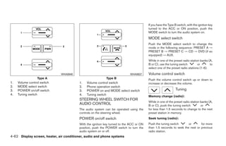 If you have the Type B switch, with the ignition key
                                                                                         turned to the ACC or ON position, push the
                                                                                         MODE switch to turn the audio system on.
                                                                                         MODE select switch
                                                                                         Push the MODE select switch to change the
                                                                                         mode in the following sequence: PRESET A →
                                                                                         PRESET B → PRESET C → CD → DVD (if so
                                                                                         equipped) → AUX.
                                                                                         While in one of the preset radio station banks (A,
                                                                                         B or C), use the tuning switch         or       to
                                                                                         select one of the preset radio stations (1-6).
                              WHA0640                                       WHA0637      Volume control switch
                  Type A                                   Type B                        Push the volume control switch up or down to
1.   Volume control switch               1.   Volume control switch                      increase or decrease the volume.
2.   MODE select switch                  2.   Phone operation switch
3.   POWER on/off switch                 3.   POWER on and MODE select switch                                  Tuning
4.   Tuning switch                       4.   Tuning switch                              Memory change (radio):
                                         STEERING WHEEL SWITCH FOR
                                                                                         While in one of the preset radio station banks (A,
                                         AUDIO CONTROL                                   B or C), push the tuning switch          or
                                         The audio system can be operated using the      for less than 1.5 seconds to change to the next
                                         controls on the steering wheel.                 preset station in memory.
                                         POWER on/off switch                             Seek tuning (radio):
                                         With the ignition key turned to the ACC or ON   Push the tuning switch      or       for more
                                         position, push the POWER switch to turn the     than 1.5 seconds to seek the next or previous
                                         audio system on or off.                         radio station.
4-62 Display screen, heater, air conditioner, audio and phone systems




                                                                    ੬ REVIEW COPY—2008 Quest (van)
                                                                    Owners Manual—USA_English (nna)
                                                                    06/29/07—debbie ੭
 