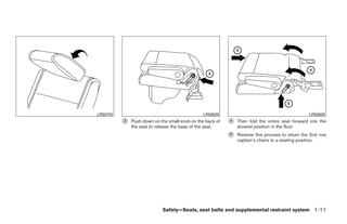 LRS0702                                         LRS0629                                          LRS0630
          ᭺
          3   Push down on the small knob on the back of   ᭺
                                                           4   Then fold the entire seat forward into the
              the seat to release the base of the seat.        stowed position in the floor.
                                                           ᭺
                                                           5   Reverse this process to return the 2nd row
                                                               captain’s chairs to a seating position.




                            Safety—Seats, seat belts and supplemental restraint system 1-11




                                     ੬ REVIEW COPY—2008 Quest (van)
                                     Owners Manual—USA_English (nna)
                                     06/29/07—debbie ੭
 