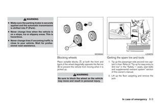 WARNING
● Make sure the parking brake is securely
  applied and the automatic transmission
  is shifted into P (Park).
● Never change tires when the vehicle is
  on a slope, ice or slippery areas. This is
  hazardous.
● Never change tires if oncoming traffic is
  close to your vehicle. Wait for profes-
  sional road assistance.


                                                                                        WCE0044                                                 LCE0078
                                               Blocking wheels                                       Getting the spare tire and tools
                                               Place suitable blocks ᭺ at both the front and
                                                                      1                               1. Tip up the passenger side second row cap-
                                               back of the wheel diagonally opposite the flat tire       tain’s chair. Refer to “Tip up for easy entry to
                                               ᭺ to prevent the vehicle from moving when it is
                                                2                                                        3rd row” in the “Safety — seats, seat belts
                                               jacked up.                                                and supplemental restraint system” section
                                                                                                         of this owner’s manual.
                                                                    WARNING                           2. Lift up the floor carpeting and remove the
                                               Be sure to block the wheel as the vehicle                 jack.
                                               may move and result in personal injury.




                                                                                                                     In case of emergency 6-3




                                                                             ੬ REVIEW COPY—2008 Quest (van)
                                                                             Owners Manual—USA_English (nna)
                                                                             06/29/07—debbie ੭
 