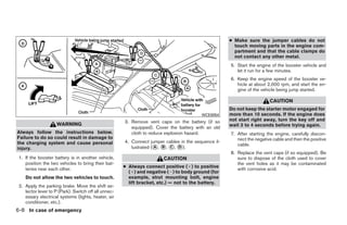 ● Make sure the jumper cables do not
                                                                                                       touch moving parts in the engine com-
                                                                                                       partment and that the cable clamps do
                                                                                                       not contact any other metal.
                                                                                                     5. Start the engine of the booster vehicle and
                                                                                                        let it run for a few minutes.
                                                                                                     6. Keep the engine speed of the booster ve-
                                                                                                        hicle at about 2,000 rpm, and start the en-
                                                                                                        gine of the vehicle being jump started.

                                                                                                                        CAUTION
                                                                                                     Do not keep the starter motor engaged for
                                                                                         WCE0054     more than 10 seconds. If the engine does
                                                      3. Remove vent caps on the battery (if so      not start right away, turn the key off and
                    WARNING                                                                          wait 3 to 4 seconds before trying again.
                                                         equipped). Cover the battery with an old
Always follow the instructions below.                    cloth to reduce explosion hazard.           7. After starting the engine, carefully discon-
Failure to do so could result in damage to                                                              nect the negative cable and then the positive
the charging system and cause personal                4. Connect jumper cables in the sequence il-
                                                                                                        cable.
injury.                                                  lustrated (᭺, ᭺, ᭺, ᭺).
                                                                    A B C D
                                                                                                     8. Replace the vent caps (if so equipped). Be
 1. If the booster battery is in another vehicle,                       CAUTION                         sure to dispose of the cloth used to cover
    position the two vehicles to bring their bat-                                                       the vent holes as it may be contaminated
                                                      ● Always connect positive (ϩ) to positive
    teries near each other.                                                                             with corrosive acid.
                                                        (ϩ) and negative (Ϫ) to body ground (for
    Do not allow the two vehicles to touch.             example, strut mounting bolt, engine
                                                        lift bracket, etc.) — not to the battery.
 2. Apply the parking brake. Move the shift se-
    lector lever to P (Park). Switch off all unnec-
    essary electrical systems (lights, heater, air
    conditioner, etc.).
6-8 In case of emergency




                                                                                ੬ REVIEW COPY—2008 Quest (van)
                                                                                Owners Manual—USA_English (nna)
                                                                                06/29/07—debbie ੭
 
