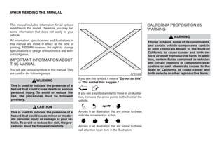 WHEN READING THE MANUAL


This manual includes information for all options                                                              CALIFORNIA PROPOSITION 65
available on this model. Therefore, you may find                                                              WARNING
some information that does not apply to your
vehicle.
                                                                                                                               WARNING
All information, specifications and illustrations in
                                                                                                              Engine exhaust, some of its constituents,
this manual are those in effect at the time of
                                                                                                              and certain vehicle components contain
printing. NISSAN reserves the right to change
                                                                                                              or emit chemicals known to the State of
specifications or design without notice and with-
                                                                                                              California to cause cancer and birth de-
out obligation.
                                                                                                              fects or other reproductive harm. In addi-
IMPORTANT INFORMATION ABOUT                                                                                   tion, certain fluids contained in vehicles
THIS MANUAL                                                                                                   and certain products of component wear
                                                                                                              contain or emit chemicals known to the
You will see various symbols in this manual. They                                                             State of California to cause cancer and
are used in the following ways:                                                                  APD1005      birth defects or other reproductive harm.
                                                       If you see this symbol, it means “Do not do this”
                     WARNING
                                                       or “Do not let this happen.”
This is used to indicate the presence of a
hazard that could cause death or serious
personal injury. To avoid or reduce the                If you see a symbol similar to these in an illustra-
risk, the procedures must be followed                  tion, it means the arrow points to the front of the
precisely.                                             vehicle.

                      CAUTION
This is used to indicate the presence of a             Arrows in an illustration that are similar to these
hazard that could cause minor or moder-                indicate movement or action.
ate personal injury or damage to your ve-
hicle. To avoid or reduce the risk, the pro-
cedures must be followed carefully.                    Arrows in an illustration that are similar to these
                                                       call attention to an item in the illustration.




                                                                                      ੬ REVIEW COPY—2008 Quest (van)
                                                                                      Owners Manual—USA_English (nna)
                                                                                      06/29/07—debbie ੭
 