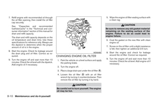 7. Refill engine with recommended oil through                                                                 5. Wipe the engine oil filter sealing surface with
    the oil filler opening, then install the oil filler                                                           a clean rag.
    cap securely.
                                                                                                                                    CAUTION
    See “Capacities and recommended
    fuel/lubricants” in the “Technical and con-                                                                Be sure to remove any old gasket material
    sumer information” section of this manual for                                                              remaining on the sealing surface of the
    drain and refill capacity.                                                                                 engine. Failure to do so could lead to
                                                                                                               engine failure.
    The drain and refill capacity depends on the
    oil temperature and drain time. Use these                                                                  6. Coat the gasket on the new filter with clean
    specifications for reference only. Always use                                                                 engine oil.
    the dipstick to determine when the proper
    amount of oil is in the engine.                                                                            7. Screw on the oil filter until a slight resistance
                                                                                                                  is felt, then tighten an additional 2/3 turn.
 8. Start the engine. Check for leakage around
    the drain plug and oil filter. Correct as re-                                                 WDI0495      8. Start the engine and check for leakage
                                                                                                                  around the oil filter. Correct as required.
    quired.                                               CHANGING ENGINE OIL FILTER
 9. Turn the engine off and wait more than 10                                                                  9. Turn the engine off and wait more than 10
                                                          1. Park the vehicle on a level surface and apply        minutes. Check the oil level. Add engine oil if
    minutes. Check the oil level with the dipstick.          the parking brake.
    Add engine oil if necessary.                                                                                  necessary.
                                                          2. Turn the engine off.
                                                          3. Place a large drain pan under the oil filter ᭺.
                                                                                                          A

                                                          4. Loosen the oil filter ᭺ with an oil filter
                                                                                       A
                                                             wrench by turning it counterclockwise. Then
                                                             remove the oil filter by turning it by hand.

                                                                              CAUTION
                                                          Be careful not to burn yourself. The engine
                                                          oil may be hot.

8-10 Maintenance and do-it-yourself




                                                                                       ੬ REVIEW COPY—2008 Quest (van)
                                                                                       Owners Manual—USA_English (nna)
                                                                                       06/29/07—debbie ੭
 