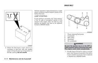 DRIVE BELT


                                                   Vehicles operated in high temperatures or under
                                                   severe conditions require frequent checks of the
                                                   battery fluid level.
                                                   JUMP STARTING
                                                   If jump starting is necessary, see “Jump starting”
                                                   in the “In case of emergency” section of this
                                                   manual. If the engine does not start by jump
                                                   starting, the battery may have to be replaced.
                                                   Contact a NISSAN dealer.




                                                                                                                                                  WDI0644
                                                                                                        1.   Power steering fluid pump
                                                                                                        2.   Crankshaft
                                                                                                        3.   Idler pulley
                                                                                                        4.   Generator
                                                                                                        5.   Air conditioner
                                                                                                                             WARNING
                                        LDI0302                                                         Be sure the ignition key is in the OFF or
 2. Check the fluid level in each cell. If it is                                                        LOCK position before servicing drive belt.
    necessary to add fluid, add only distilled                                                          The engine could rotate unexpectedly.
    water to bring the level up to the bottom of
                                                                                                         1. Visually inspect the belt for signs of unusual
    the filler opening. Do not overfill.
                                                                                                            wear, cuts, fraying or looseness. If the belt is
                                                                                                            in poor condition or is loose, have it replaced
                                                                                                            or adjusted by a NISSAN dealer.
8-14 Maintenance and do-it-yourself




                                                                                 ੬ REVIEW COPY—2008 Quest (van)
                                                                                 Owners Manual—USA_English (nna)
                                                                                 06/29/07—debbie ੭
 