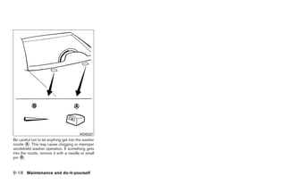 WDI0337
Be careful not to let anything get into the washer
nozzle ᭺. This may cause clogging or improper
        A
windshield washer operation. If something gets
into the nozzle, remove it with a needle or small
pin ᭺.
     B



8-18 Maintenance and do-it-yourself




                                                     ੬ REVIEW COPY—2008 Quest (van)
                                                     Owners Manual—USA_English (nna)
                                                     06/29/07—debbie ੭
 