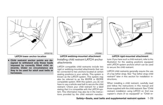 WRS0700                                             LRS0661                                                  LRS0662
      LATCH lower anchor location              LATCH webbing-mounted attachment                          LATCH rigid-mounted attachment
● Child restraint anchor points are de-     Installing child restraint LATCH anchor               turer. If you have such a child restraint, refer to the
  signed to withstand only those loads      attachments                                           illustration for the seating positions equipped
  imposed by correctly fitted child re-                                                           with LATCH system anchors which can be used
                                            LATCH compatible child restraints include two         to secure the child restraint.
  straints. Under no circumstance are
                                            rigid or webbing-mounted attachments that can
  they to be used for adult seat belts or                                                         LATCH child restraints generally require the use
                                            be connected to two anchors located at certain
  harnesses.                                                                                      of a top tether strap. See “Top tether strap child
                                            seating positions in your vehicle. This system is
                                            known as the LATCH system. This system may            restraint” later in this section for installation in-
                                            also be referred to as the ISOFIX or ISOFIX           structions.
                                            compatible system. With this system, you do not
                                                                                                  When installing a child restraint, carefully read
                                            have to use a vehicle seat belt to secure the child
                                            restraint. Check your child restraint for a label     and follow the instructions in this manual and
                                            stating that it is compatible with the LATCH sys-     those supplied with the child restraint. See “Child
                                            tem. This information may also be in the instruc-     restraint installation using LATCH on 2nd row
                                            tions provided by the child restraint manufac-        captain’s chairs (if so equipped)” or “Child re-

                                                                 Safety—Seats, seat belts and supplemental restraint system 1-29




                                                                          ੬ REVIEW COPY—2008 Quest (van)
                                                                          Owners Manual—USA_English (nna)
                                                                          06/29/07—debbie ੭
 
