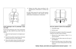 4. Tighten the tether strap according to the
                                                         manufacturer’s instructions to remove any
                                                         slack.
                                                     For best child restraint fit, see the child restraint
                                                     installation instructions in this section and the
                                                     child restraint manufacturer’s instructions.




                                         LRS0322                                                                                                      LRS0307
Front passenger seat (2 passenger cargo                                                                      2nd row captain’s chairs (if so equipped)
van only)
                                                                                                              1. Top tether strap
For the front passenger seat in the 2 passenger
                                                                                                              2. Anchor point
cargo van only, install the top tether strap as
follows:                                                                                                     For the 2nd row captain’s chairs (if so equipped),
                                                                                                             install the top tether strap as follows:
 1. Adjust the head restraint to its highest posi-
    tion.                                                                                                     1. Remove the head restraint. Store it in a
                                                                                                                 secure location.
 2. Route the top tether strap between the head
    restraint and the top of the seatback.                                                                    2. Position the top tether strap over the top of
                                                                                                                 the seatback.
 3. Secure the tether strap to the tether anchor
    point on the floor directly behind the seat.                                                              3. Secure the tether strap to the tether anchor
                                                                                                                 point on the seat directly behind the child
                                                                                                                 restraint.
                                                                          Safety—Seats, seat belts and supplemental restraint system 1-31




                                                                                    ੬ REVIEW COPY—2008 Quest (van)
                                                                                    Owners Manual—USA_English (nna)
                                                                                    06/29/07—debbie ੭
 