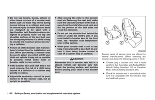 ● Do not use towels, books, pillows or        ● After placing the child in the booster
  other items in place of a booster seat.       seat and fastening the seat belt, make
  Items such as these may move during           sure the shoulder portion of the belt is
  normal driving or a collision and result      away from the child’s face and neck and
  in serious injury or death. Booster seats     the lap portion of the belt does not
  are designed to be used with a                cross the abdomen.
  lap/shoulder belt. Booster seats are de-
                                              ● Do not put the shoulder belt behind the
  signed to properly route the lap and
                                                child or under the child’s arm. If you
  shoulder portions of the seat belt over
                                                must install a booster seat in the front
  the strongest portions of a child’s body
                                                seat, see “Booster seat installation”
  to provide the maximum protection dur-
                                                later in this section.
  ing a collision.
                                              ● When your booster seat is not in use,
● Follow all of the booster seat manufac-
                                                keep it secured with a seat belt to pre-
  turer’s instructions for installation and
                                                vent it from being thrown around in                                                LRS0455
  use. When purchasing a booster seat,
                                                case of a sudden stop or accident.         Booster seats of various sizes are offered by
  be sure to select one which will fit your
  child and vehicle. It may not be possible                                                several manufacturers. When selecting any
  to properly install some types of                            CAUTION                     booster seat, keep the following points in mind:
  booster seats in your vehicle.              Remember that a booster seat left in a        ● Choose only a booster seat with a label
● If the booster seat and seat belt is not    closed vehicle can become very hot.             certifying that it complies with Federal Motor
  used properly, the risk of a child being    Check the seating surface and buckles           Vehicle Safety Standard 213 or Canadian
  injured in a collision or a sudden stop     before placing your child in the booster        Motor Vehicle Safety Standard 213.
  greatly increases.                          seat.
                                                                                            ● Check the booster seat in your vehicle to be
● Adjustable seatbacks should be posi-                                                        sure it is compatible with the vehicle’s seat
  tioned to fit the booster seat, but as                                                      and seat belt system.
  upright as possible.




1-48 Safety—Seats, seat belts and supplemental restraint system




                                                                       ੬ REVIEW COPY—2008 Quest (van)
                                                                       Owners Manual—USA_English (nna)
                                                                       06/29/07—debbie ੭
 
