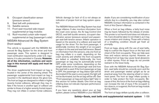8.  Occupant classification sensor                      Vehicle damage (or lack of it) is not always an          dealer. If you are considering modification of your
    (pressure sensor)                                   indication of proper front air bag system opera-         vehicle due to a disability, you may also contact
9. Seat belt with pretensioner                          tion.                                                    NISSAN. Contact information is contained in the
10. Satellite sensors                                                                                            front of this Owner’s Manual.
                                                        The NISSAN Advanced Air Bag System has dual
11. Front seat-mounted side-impact                      stage inflators. It also monitors information from       When a front air bag inflates, a fairly loud noise
    supplemental air bag modules                        the crash zone sensor, the Air bag Control Unit          may be heard, followed by the release of smoke.
12. Roof-mounted curtain side-impact                    (ACU), seat belt buckle sensors, occupant clas-          This smoke is not harmful and does not indicate a
    supplemental air bag (passenger’s side)             sification sensor (pressure sensor) and passen-          fire. Care should be taken to not inhale it, as it may
                                                        ger seat belt tension sensor. Inflator operation is      cause irritation and choking. Those with a history
NISSAN Advanced Air Bag System                          based on the severity of a collision and seat belt       of a breathing condition should get fresh air
(front seats)                                           usage for the driver. For the front passenger, it        promptly.
                                                        additionally monitors the weight of an occupant
This vehicle is equipped with the NISSAN Ad-                                                                     Front air bags, along with the use of seat belts,
                                                        or object on the seat and seat belt tension. Based
vanced Air Bag System for the driver and front                                                                   help to cushion the impact force on the face and
                                                        on information from the sensors, only one front air
passenger seats. This system is designed to                                                                      chest of the front occupants. They can help save
                                                        bag may inflate in a crash, depending on the
meet certification requirements under U.S. regu-                                                                 lives and reduce serious injuries. However, an
                                                        crash severity and whether the front occupants
lations. It is also permitted in Canada. However,                                                                inflating front air bag may cause facial abrasions
                                                        are belted or unbelted. Additionally, the front
all of the information, cautions and warn-                                                                       or other injuries. Front air bags do not provide
                                                        passenger air bag may be automatically turned
ings in this manual still apply and must be                                                                      restraint to the lower body.
                                                        OFF under some conditions, depending on the
followed.                                               weight detected on the passenger seat and how            Even with the NISSAN Advanced Air Bag Sys-
The driver supplemental front-impact air bag is         the seat belt is used. If the front passenger air bag    tem, seat belts should be correctly worn and the
                                                        is OFF, the passenger air bag status light will be       driver and passenger seated upright as far as
located in the center of the steering wheel. The
                                                        illuminated (if the seat is unoccupied, the light will   practical away from the steering wheel or instru-
passenger supplemental front-impact air bag is
                                                        not be illuminated, but the air bag will be off). See    ment panel. The front air bags inflate quickly in
mounted in the dashboard above the glove box.           “Front passenger air bag and status light” later in      order to help protect the front occupants. Be-
The front air bags are designed to inflate in higher    this section for further details. One front air bag      cause of this, the force of the front air bag inflating
severity frontal collisions, although they may in-      inflating does not indicate improper performance         can increase the risk of injury if the occupant is
flate if the forces in another type of collision are    of the system.                                           too close to, or is against, the front air bag module
similar to those of a higher severity frontal impact.                                                            during inflation.
They may not inflate in certain frontal collisions.     If you have any questions about your air bag
                                                        system, please contact NISSAN or your NISSAN             The front air bags deflate quickly after a collision.
                                                                              Safety—Seats, seat belts and supplemental restraint system 1-59




                                                                                        ੬ REVIEW COPY—2008 Quest (van)
                                                                                        Owners Manual—USA_English (nna)
                                                                                        06/29/07—cathy ੭
 