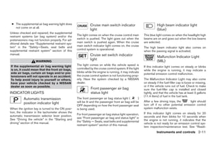 ● The supplemental air bag warning light does                 Cruise main switch indicator                            High beam indicator light
   not come on at all.
                                                               light                                                   (blue)
Unless checked and repaired, the supplemental
restraint systems (air bag system) and/or the       The light comes on when the cruise control main         This blue light comes on when the headlight high
pretensioners may not function properly. For ad-    switch is pushed. The light goes out when the           beams are on and goes out when the low beams
ditional details see “Supplemental restraint sys-   main switch is pushed again. When the cruise            are selected.
tem” in the “Safety—Seats, seat belts and           main switch indicator light comes on, the cruise
                                                                                                            The high beam indicator light also comes on
supplemental restraint system” section of this      control system is operational.
                                                                                                            when the passing signal is activated.
manual.                                                        Cruise set switch indicator                             Malfunction Indicator Light
                                                               light                                                   (MIL)
                    WARNING
If the supplemental air bag warning light           The light comes on while the vehicle speed is
                                                                                                            If this indicator light comes on steady or blinks
is on, it could mean that the front air bags,       controlled by the cruise control system. If the light
                                                                                                            while the engine is running, it may indicate a
side air bags, curtain air bags and/or pre-         blinks while the engine is running, it may indicate
                                                                                                            potential emission control malfunction.
tensioners will not operate in an accident.         the cruise control system is not functioning prop-
To help avoid injury to yourself or others,         erly. Have the system checked by a NISSAN               The Malfunction Indicator Light may also come
have your vehicle checked by a NISSAN               dealer.                                                 on steady if the fuel-filler cap is loose or missing,
dealer as soon as possible.                                                                                 or if the vehicle runs out of fuel. Check to make
                                                               Front passenger air bag                      sure the fuel-filler cap is installed and closed
INDICATOR LIGHTS                                               status light                                 tightly, and that the vehicle has at least 3 gallons
                                                                                                            (11.4 liters) of fuel in the fuel tank.
          Automatic transmission                    The front passenger air bag status light (        )
                                                    will be lit and the passenger front air bag will be     After a few driving trips, the     light should
          position indicator light                                                                          turn off if no other potential emission control
                                                    OFF depending on how the front passenger seat
When the ignition key is turned to the ON posi-     is being used.                                          system malfunction exists.
tion, the indicator in the tachometer shows the                                                             If this indicator light comes on steady for 20
                                                    For front passenger air bag status light operation,
automatic transmission selector lever position.                                                             seconds and then blinks for 10 seconds when
                                                    see “Front passenger air bag and status light” in
See “Driving the vehicle” in the “Starting and                                                              the engine is not running, it indicates that the
                                                    the “Safety — Seats, seat belts and supplemental
driving” section of this manual.                                                                            vehicle is not ready for an emission control sys-
                                                    restraint system” section of this manual.
                                                                                                            tem inspection/maintenance test. See “Readi-
                                                                                                                      Instruments and controls 2-11




                                                                                   ੬ REVIEW COPY—2008 Quest (van)
                                                                                   Owners Manual—USA_English (nna)
                                                                                   06/29/07—debbie ੭
 