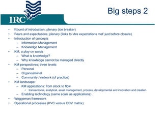 Round of introduction; plenary (ice breaker) Fears and expectations; plenary (links to ‘Are expectations met’ just before closure) Introduction of concepts Information Management Knowledge Management  KM, a play on words What is knowledge? Why knowledge cannot be managed directly  KM perspectives; three levels: Personal Organisational Community / network (of practice) KM landscape: KM applications: from stock to flow transactional, analytical, asset management, process, developmental and innovation and creation Enabling technology (same scale as applications) Weggeman framework Operational processes (KVC versus ODV matrix) Big steps 2 