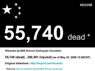 55,740   dead *   * Resource:  http://en.wikipedia.org/wiki/2008_Sichuan_earthquake Wikipedia @ 2008 Sichuan Earthquake Casualties: 05/23/08 55,740 (dead) , 292,481 (injured)  (as of May 23, 2008 12:00CST)  Original slideshow:  http://tinyurl.com/5csmdo 