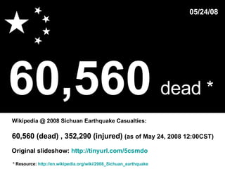 60,560   dead *   * Resource:  http://en.wikipedia.org/wiki/2008_Sichuan_earthquake Wikipedia @ 2008 Sichuan Earthquake Casualties: 05/24/08 60,560 (dead) , 352,290 (injured)  (as of May 24, 2008 12:00CST)  Original slideshow:  http://tinyurl.com/5csmdo 