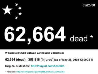 62,664   dead *   * Resource:  http://en.wikipedia.org/wiki/2008_Sichuan_earthquake Wikipedia @ 2008 Sichuan Earthquake Casualties: 05/25/08 62,664 (dead) , 358,816 (injured)  (as of May 25, 2008 12:00CST)  Original slideshow:  http://tinyurl.com/5csmdo 