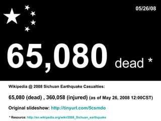 65,080   dead *   * Resource:  http://en.wikipedia.org/wiki/2008_Sichuan_earthquake Wikipedia @ 2008 Sichuan Earthquake Casualties: 05/26/08 65,080 (dead) , 360,058 (injured)  (as of May 26, 2008 12:00CST)  Original slideshow:  http://tinyurl.com/5csmdo 