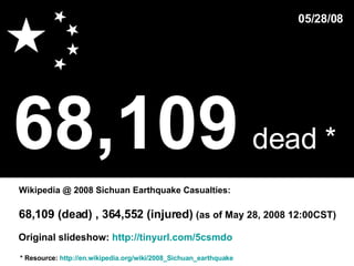 68,109   dead *   * Resource:  http://en.wikipedia.org/wiki/2008_Sichuan_earthquake Wikipedia @ 2008 Sichuan Earthquake Casualties: 05/28/08 68,109 (dead) , 364,552 (injured)  (as of May 28, 2008 12:00CST)  Original slideshow:  http://tinyurl.com/5csmdo 