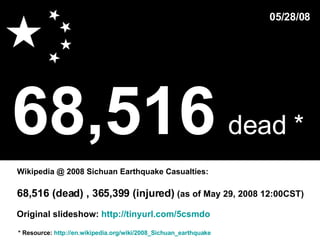 68,516   dead *   * Resource:  http://en.wikipedia.org/wiki/2008_Sichuan_earthquake Wikipedia @ 2008 Sichuan Earthquake Casualties: 05/28/08 68,516 (dead) , 365,399 (injured)  (as of May 29, 2008 12:00CST)  Original slideshow:  http://tinyurl.com/5csmdo 