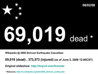 69,019   dead *   * Resource:  http://en.wikipedia.org/wiki/2008_Sichuan_earthquake Wikipedia @ 2008 Sichuan Earthquake Casualties: 06/02/08 69,019 (dead) , 373,573 (injured)  (as of June 2, 2008 12:00CST)  Original slideshow:  http://tinyurl.com/5csmdo 