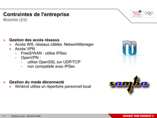 Contraintes de l'entreprise
Mobilité (2/2)




» Gestion des accès réseaux
  » Accès Wifi, réseaux câblés: NetworkManager
  » Accès VPN
    - FreeS/WAN : utilise IPSec
    - OpenVPN :
        - utilise OpenSSL sur UDP/TCP
        - non compatible avec IPSec


» Gestion du mode déconnecté
  » Winbind utilise un répertoire personnel local




11   Solutions Linux – 29 janvier 2008
 