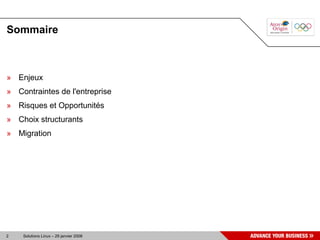 Sommaire



» Enjeux
» Contraintes de l'entreprise
» Risques et Opportunités
» Choix structurants
» Migration




2   Solutions Linux – 29 janvier 2008
 