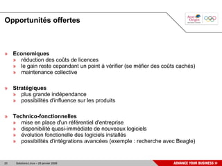 Opportunités offertes



» Economiques
  » réduction des coûts de licences
  » le gain reste cepandant un point à vérifier (se méfier des coûts cachés)
  » maintenance collective

» Stratégiques
  » plus grande indépendance
  » possibilités d'influence sur les produits

» Technico-fonctionnelles
  » mise en place d'un référentiel d'entreprise
  » disponibilité quasi-immédiate de nouveaux logiciels
  » évolution fonctionelle des logiciels installés
  » possibilités d'intégrations avancées (exemple : recherche avec Beagle)


20   Solutions Linux – 29 janvier 2008
 