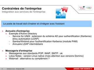 Contraintes de l'entreprise
Intégration aux services de l'entreprise




    Le poste de travail doit s'insérer et s'intégrer avec l'existant


» Annuaire d'entreprise
  » Exemple d'Active Directory
    - Service for UNIX : extension du schéma AD pour authentification (Kerberos)
       et/ou autorisation (LDAP)
    - Samba/Winbind pour l'authentification Kerberos (module PAM)
    - Annuaire LDAP intermédiaire

» Messagerie d'entreprise
  » Messageries aux standards POP, IMAP, SMTP : ok
  » Lotus Notes : version Linux native (mais attention aux versions Domino)
  » Webmail : alternative ou complément ?



6      Solutions Linux – 29 janvier 2008
 