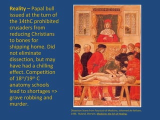 Reality –  Papal bull issued at the turn of the 14thC prohibited crusaders from reducing Christians to bones for shipping home. Did not eliminate dissection, but may have had a chilling effect. Competition of 18 th /19 th  C anatomy schools lead to shortages => grave robbing and murder. Dissection Scene from  Fasciculo di Medicina , Johanned de Ketham, 1496.  Nuland, Sherwin.  Medicine: the Art of Healing. 