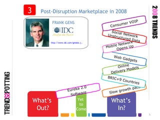 What’s  In? Slow growth pace What’s  Out? BRIC+9 Countries Online  Delivery Models Post-Disruption Marketplace in 2008 3 http://www.idc.com/getdoc.j.. FRANK GENS Web Gadgets Mobile Network  Opens Up Social Network Unstructured Data Consumer VOIP 2 00 8 TRENDS Yet  to Come Eureka 2.0  Software 