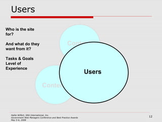 Users Users Who is the site for? And what do they want from it? Tasks & Goals Level of Experience Content Context 