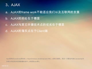 3

     a. AJAXframe workӦԼķչ

     b. AJAXĺô

     c. AJAXؼ

     d. AJAXʵClient




       Ajax첽JavaScriptXMLAsynchronous JavaScript and XMLӢдһҲJavascriptΪ
       ʵ첽ȡݵļȡJsonȣ

2008.08.12
 