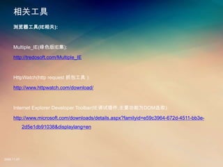 ع
     (IE):



     Multiple_IE(ɫIE):

     http://tredosoft.com/Multiple_IE



     HttpWatch(http request ץ ):

     http://www.httpwatch.com/download/



     Internet Explorer Developer Toolbar(IEԲ,ҪΪDOMѡȡ):

     http://www.microsoft.com/downloads/details.aspx?familyid=e59c3964-672d-4511-bb3e-
             2d5e1db91038&displaylang=en




2008.11.07
 