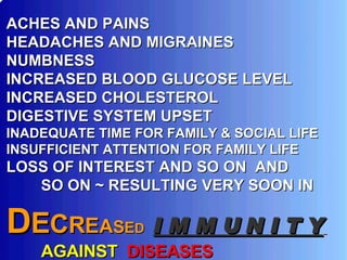 ACHES AND PAINS HEADACHES AND MIGRAINES NUMBNESS INCREASED BLOOD GLUCOSE LEVEL INCREASED CHOLESTEROL DIGESTIVE SYSTEM UPSET INADEQUATE TIME FOR FAMILY & SOCIAL LIFE INSUFFICIENT ATTENTION FOR FAMILY LIFE LOSS OF INTEREST AND SO ON  AND SO ON ~ RESULTING VERY SOON IN D E C R E A S E D   I M M U N I T Y   AGAINST   DISEASES 