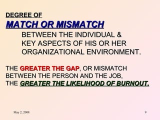 DEGREE OF MATCH OR MISMATCH BETWEEN THE INDIVIDUAL & KEY ASPECTS OF HIS OR HER ORGANIZATIONAL ENVIRONMENT. THE  GREATER THE GAP , OR MISMATCH  BETWEEN THE PERSON AND THE JOB, THE  GREATER THE LIKELIHOOD OF BURNOUT. 