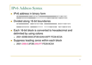 11
IPv6 Address Syntax
IPv6 address in binary form
0010000000000001000011011011100000000000000000000010111100111011
0000001010101010000000001111111111111110001010001001110001011010
Divided along 16-bit boundaries
0010000000000001 0000110110111000 0000000000000000 0010111100111011
0000001010101010 0000000011111111 1111111000101000 1001110001011010
Each 16-bit block is converted to hexadecimal and
delimited by using colons
2001:0DB8:0000:2F3B:02AA:00FF:FE28:9C5A
Suppress leading zeros within each block
2001:DB8:0:2F3B:2AA:FF:FE28:9C5A
 