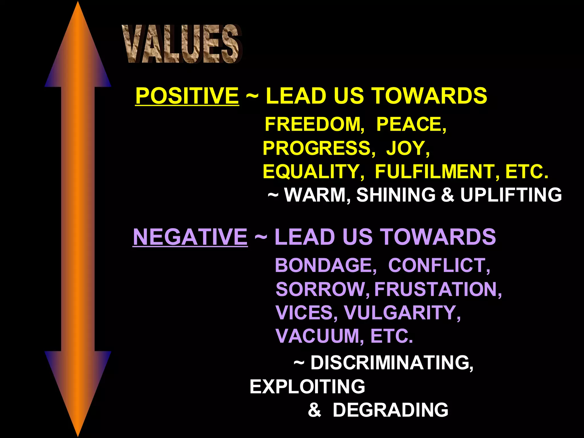 VALUES POSITIVE  ~ LEAD US TOWARDS   FREEDOM,  PEACE,   PROGRESS,  JOY,   EQUALITY,  FULFILMENT, ETC.   ~ WARM, SHINING & UPLIFTING NEGATIVE  ~ LEAD US TOWARDS   BONDAGE,  CONFLICT,   SORROW, FRUSTATION,   VICES, VULGARITY,   VACUUM, ETC.   ~ DISCRIMINATING,  EXPLOITING   &  DEGRADING 