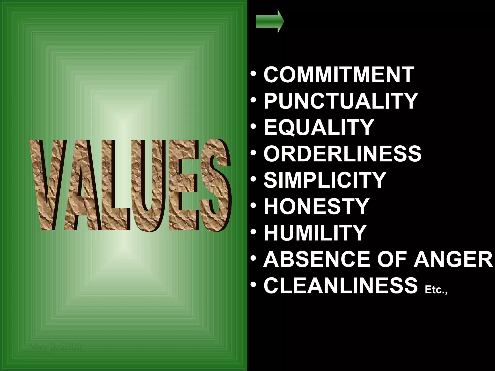 COMMITMENT PUNCTUALITY EQUALITY ORDERLINESS SIMPLICITY HONESTY HUMILITY ABSENCE OF ANGER CLEANLINESS  Etc., VALUES 