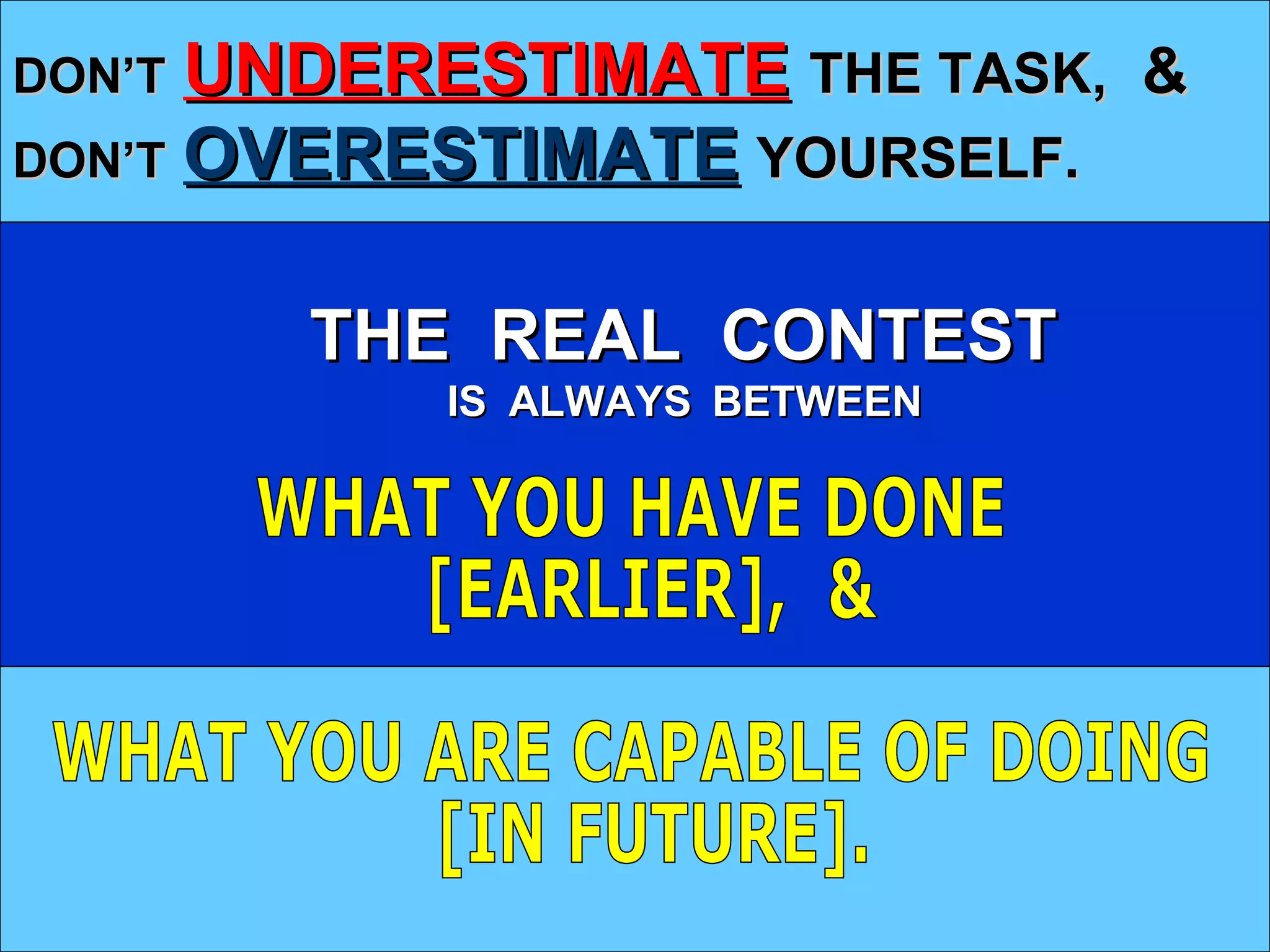 DON’T   UNDERESTIMATE   THE TASK,   & DON’T   OVERESTIMATE   YOURSELF. WHAT YOU HAVE DONE [EARLIER],  &  WHAT YOU ARE CAPABLE OF DOING [IN FUTURE]. THE  REAL  CONTEST IS  ALWAYS  BETWEEN 