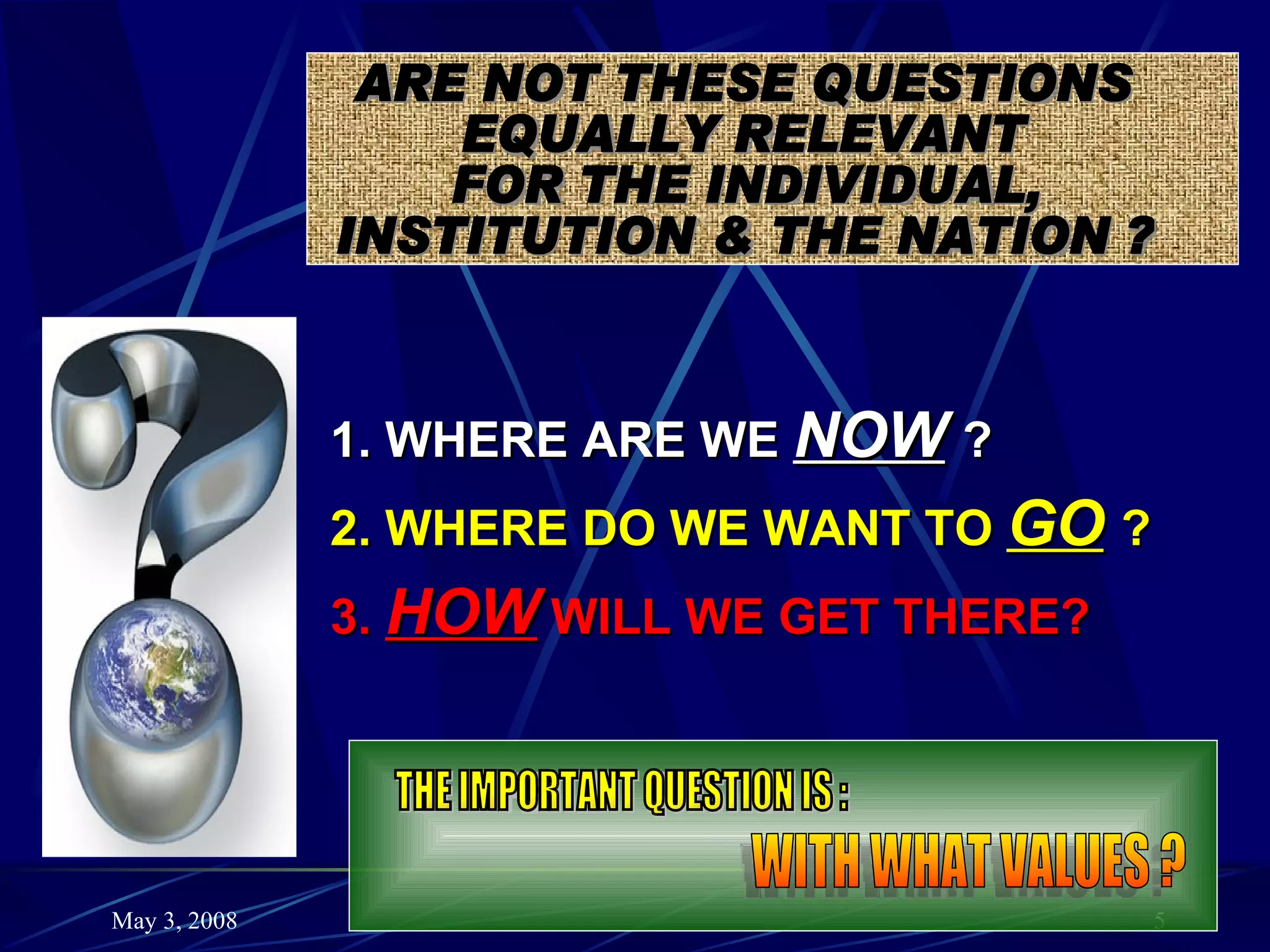 1. WHERE ARE WE  NOW   ? 2. WHERE DO WE WANT TO  GO   ? 3.  HOW  WILL WE GET THERE? THE IMPORTANT QUESTION IS : WITH WHAT VALUES ? ARE NOT THESE QUESTIONS EQUALLY RELEVANT FOR THE INDIVIDUAL, INSTITUTION & THE NATION ? 
