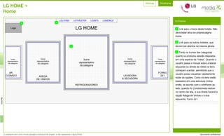 LG HOME > Home Ícone representativo da categoria Ícone representativo da categoria Ícone representativo da categoria Ícone representativo da categoria Ícone representativo da categoria AR  CIONADO ADEGA DE VINHOS REFRIGERADORES LAVADORA & SECADORA 0.0 Home LG HOME FORNO 2X1 A B C Logo A B C Link para a home deste hotsite. Não deve estar ativa na própria página home. Link para os outros hotsites, que devem ser abertos na mesma janela. Tanto os ícones das categorias quanto os produtos estarão dispostos em uma espécie de “roleta”. Quando o usuário passa o mouse sobre a lateral esquerda ou direita da roleta os itens começam a andar, permitindo que o usuário possa visualizar rapidamente todas as opções. Como os itens estão baseados em uma estrutura cíclica então, de acordo com o wireframe ao lado, quando Ar Condicionado estiver no centro da tela, a sua direita haverá a opção Adega de Vinhos e a sua esquerda, Forno 2x1. LGTHEATER LGINFO LGMOBILE LGLIVING 
