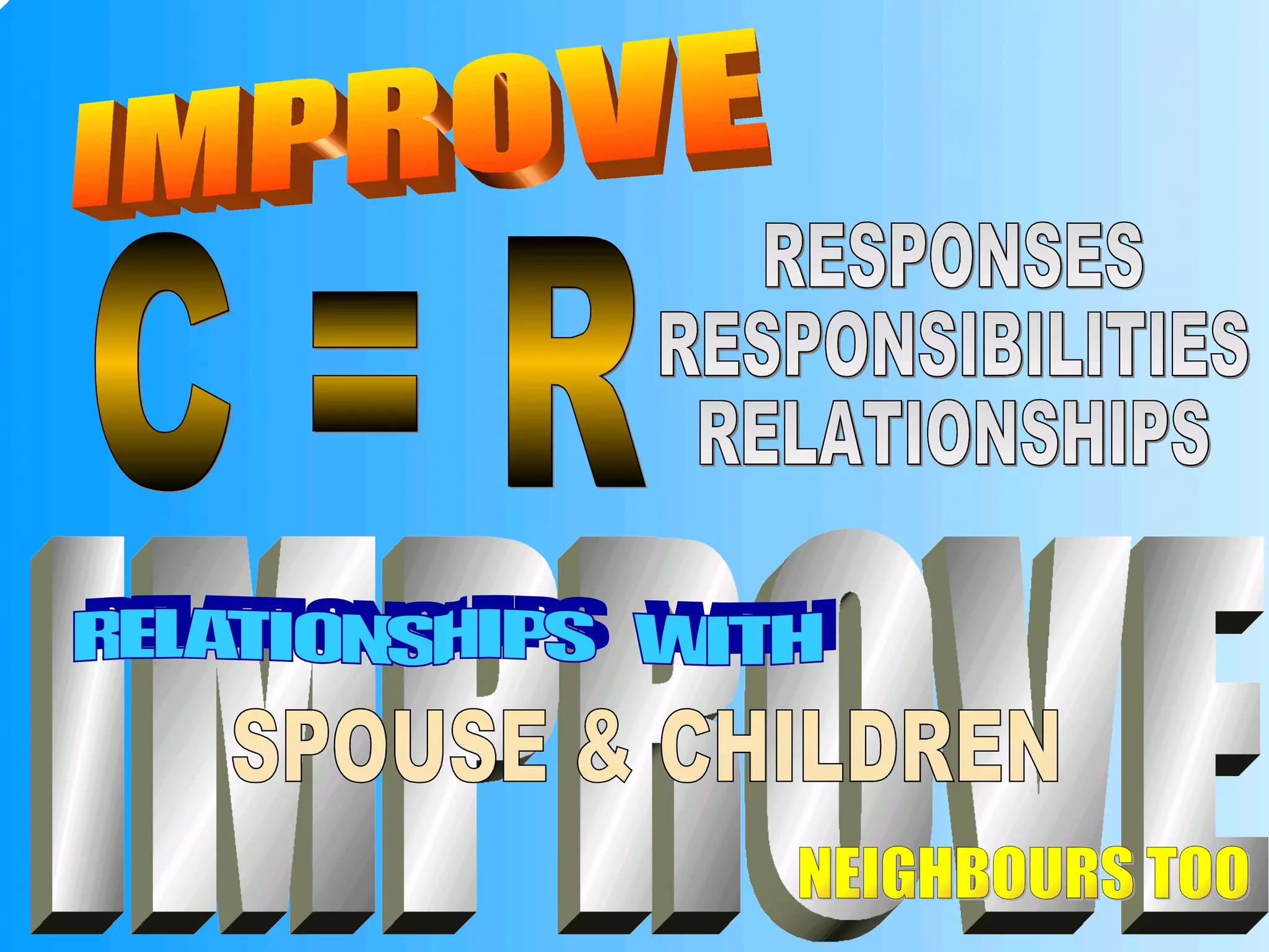 IMPROVE C = R RESPONSES RESPONSIBILITIES RELATIONSHIPS IMPROVE RELATIONSHIPS  WITH SPOUSE & CHILDREN NEIGHBOURS TOO 