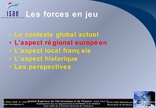 Les forces en jeu Le contexte global actuel L’aspect régional européen  L’aspect local français L’aspect historique Les perspectives 
