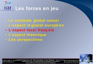 Les forces en jeu Le contexte global actuel L’aspect régional européen  L’aspect local français L’aspect historique Les perspectives 