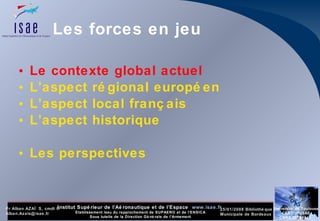 Les forces en jeu Le contexte global actuel L’aspect régional européen  L’aspect local français L’aspect historique Les perspectives 