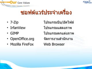 ซอฟต์แวร์ประจำเครื่อง 7-Zip โปรแกรมบีบ / อัดไฟล์ IrfanView โปรแกรมแสดงภาพ GIMP โปรแกรมตกแต่งภาพ OpenOffice.org จัดการงานสำนักงาน Mozilla FireFox Web Browser 