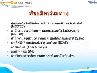 พันธมิตรร่วมทาง ศูนย์เทคโนโลยีอิเล็กทรอนิกส์และคอมพิวเตอร์แห่งชาติ  (NECTEC) สำนักงานพัฒนาวิทยาศาสตร์และเทคโนโลยีแห่งชาติ  ( NSTDA) สำนักงานส่งเสริมอุตสาหกรรมซอฟต์แวร์แห่งชาติ  (SIPA) การไฟฟ้าฝ่ายผลิตแห่งประเทศไทย  (EGAT) การบินไทย  (Thai Airways) อุตสาหกรรม  SME ภาควิชาบรรณารักษศาสตร์ มหาวิทยาลัยเชียงใหม่ 