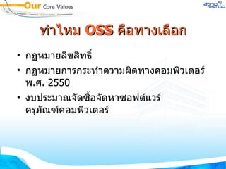 ทำไหม  OSS  คือทางเลือก กฏหมายลิขสิทธิ์ กฏหมายการกระทำความผิดทางคอมพิวเตอร์ พ . ศ . 2550 งบประมาณจัดซื้อจัดหาซอฟต์แวร์ ครุภัณฑ์คอมพิวเตอร์ 