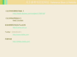 οĿվ Reference Book & Webbite


ıЯʽ 
     http://book.douban.com/subject/1768152/

罻վơ
        еҵ


΢ҳ漰iPadӦ
        http://t.sina.com.cn


Twitterǽ
        http://www.twitter.com

ٶ֪
        http://zhidao.
 