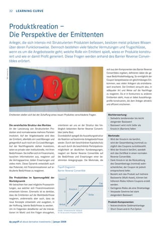32

LEARNING CURVE

Produktkreation –
Die Perspektive der Emittenten
Anleger, die sich intensiv mit Strukturierten Produkten befassen, besitzen meist präzises Wissen
über deren Funktionsweise. Dennoch bestehen viele falsche Vermutungen und Trugschlüsse,
wenn es um die Angebotsseite geht; welche Rolle ein Emittent spielt, wieso er Produkte konstruiert und wie er damit Proﬁt generiert. Diese Fragen werden anhand des Barrier Reverse Convertibles erörtert.
Bild: www.sxc.hu

sich aus den Komponenten des Barrier Reverse
Convertibles ergeben, deﬁnieren dabei die genaue Bedürfnisbefriedigung. So ermöglicht der
Coupon beispielsweise ein gleichmässiges Einkommen, was vielen Anlegern als erstrebenswert erscheint. Der Emittent versucht also, in
adäquater Art und Weise auf die Nachfrage
zu reagieren. Da er in Konkurrenz zu anderen
Emittenten steht, muss er dabei Auszahlungsproﬁle konstruieren, die dem Anleger attraktiv
und efﬁzient erscheinen.

Emittenten stellen sich bei der Schaffung eines neuen Produktes verschiedene Fragen.

Die Produktidee im Spannungsfeld der
Marktdynamik
Wir betrachten hier zwei mögliche Prozessrichtungen, aus welcher sich Finanzinnovationen
entwickeln können. Einerseits ist es denkbar,
dass die Emittenten auf die Marktbedürfnisse
reagieren, andererseits aber auch, dass sie
neue Konzepte entwickeln und ausgeben, in
der Hoffnung, latente Bedürfnisse zu wecken.
Um im Folgenden detaillierter auf die Interaktionen im Markt und ihre Folgen einzugehen,

orientieren wir uns an der Struktur des hinlänglich bekannten Barrier Reverse Convertibles (siehe Box).
Grundsätzlich spiegelt die Auszahlungsstruktur
die Reaktion auf bestimmte Anlagebedürfnisse
wieder. Durch den beschränkten Kapitalschutz
als auch durch die beschränkte Partizipationsmöglichkeit an deutlichen Kursbewegungen,
reagiert ein Barrier Reverse Convertible auf
die Bedürfnisse und Erwartungen einer bestimmten Anlegergruppe. Die Merkmale, die
Payoff-Diagramm
Barrier Reverse Convertible
Gewinn
Cap
Knock-in
0
Strike

Verlust

Ba
sis
we
rt

Die vereinfachte Struktur des Marktes
An der Lancierung von Strukturierten Produkten sind normalerweise mehrere Parteien
involviert. Auf der Angebotsseite sind dies
der Emittent, allenfalls ein Lead-Manager und
gelegentlich auch noch ein Co-Lead-Manager.
Auf der Nachfrageseite stehen Investoren,
seien es private oder institutionelle, mit ihren
Bedürfnissen. Sie treffen sich im Finanzmarkt,
tauschen Informationen aus, reagieren auf
die Vertragspartner, bilden Erwartungen und
vieles mehr. Diese Dynamik entwickelt auch
das Potenzial, mit Finanzinnovationen auf artikulierte Bedürfnisse zu reagieren.

Quelle: Schweizerischer Verband
für Strukturierte Produkte (SVSP)

dp payoff all about derivative investments | Januar 2008

Markterwartung:
– Seitwärts tendierender bis leicht
steigender Basiswert
– Basiswert wird nicht tiefer als
Knock-in (Barriere) fallen
Merkmale:
– Wird der Knock-in nie berührt,
wird der Gesamtbetrag (nominal) zuzüglich des Coupons zurückbezahlt.
– Wird der Knock-in berührt, wandelt
sich das Zertiﬁkat in einen normalen
Reverse Convertible.
– Dank Knock-in ist die Rückzahlung
des Gesamtbetrags (nominal) wahrscheinlicher, der Coupon ist jedoch
entsprechend tiefer.
– Bezieht sich das Produkt auf mehrere
Basiswerte (Multi-Asset), können bei
höherem Risiko höhere Coupons erzielt
werden.
– Geringeres Risiko als eine Direktanlage
– Verpasste Gewinne bei stark
steigendem Basiswert
Produkt-Komponenten:
– festverzinsliche Geldmarktanlage
– Short Down-and-In Put-Option

 